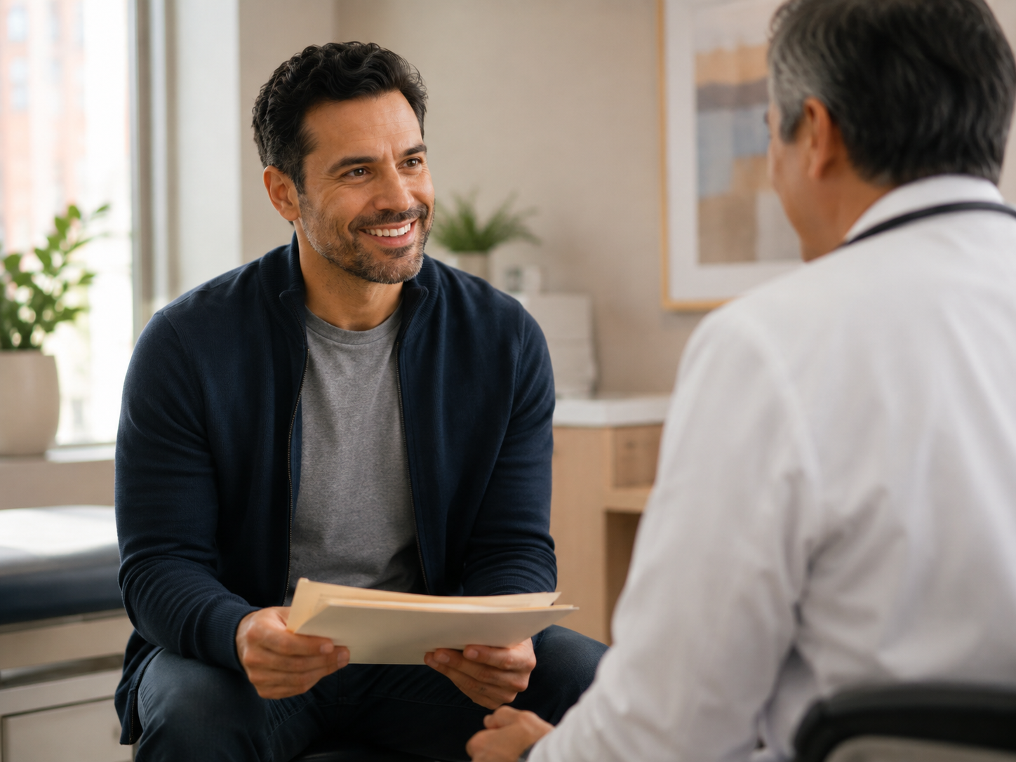 Man smiling while talking with his doctor during a visit