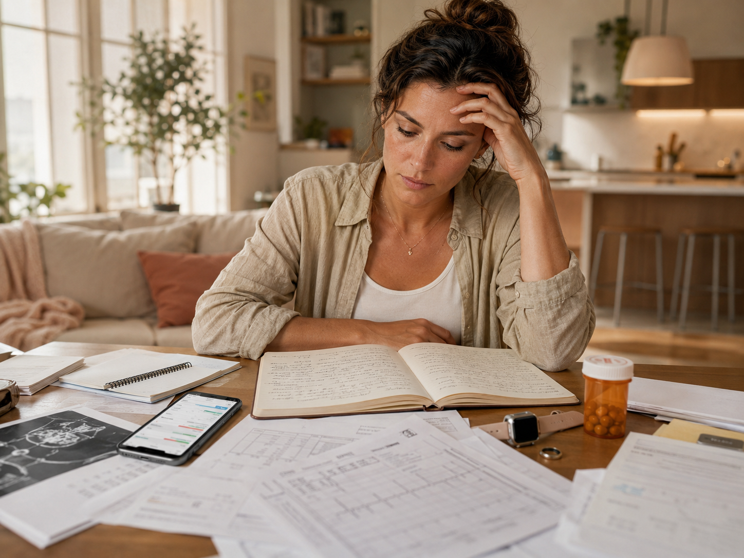 Woman overwhelmed by scattered health notes and paperwork