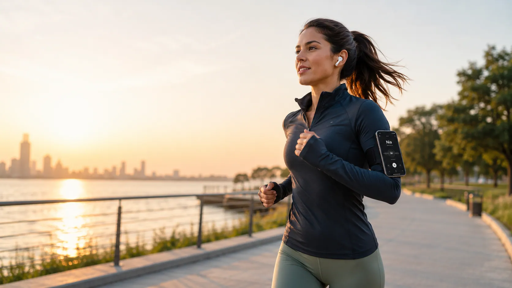A woman running at sunrise with Nia on her arm