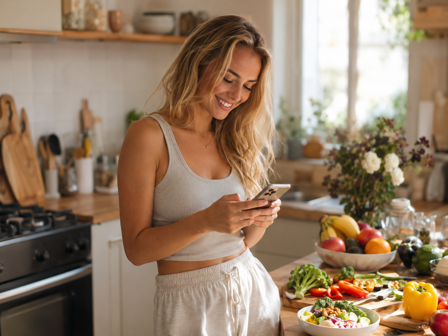 A woman checking in with Nia on her phone at home